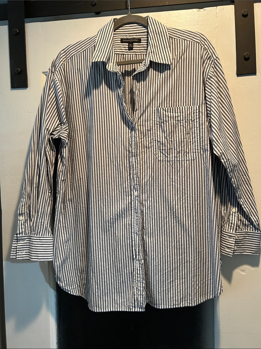 Banana Republic Women’s Grey and White Striped Dress Shirt